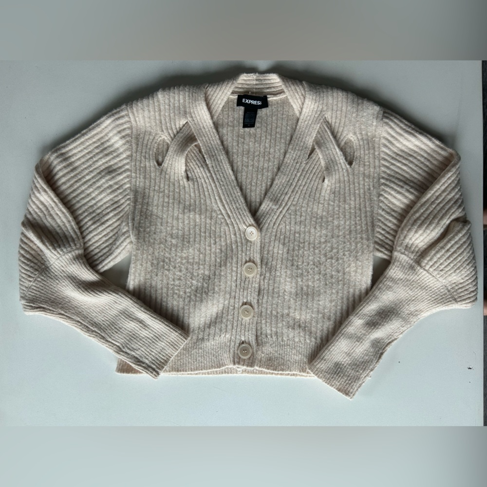 Express light beige button up sweater